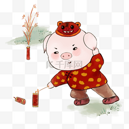 中国风系列手绘图片_水墨中国风小猪的年味儿系列放鞭