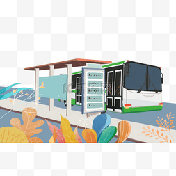 城市公交背景图片_手绘卡通城市公共设施公交站绿色