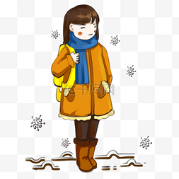 冬季下雪天背书包上学的女孩素材