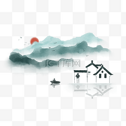 水墨红色图片_漂亮的水墨江南插画