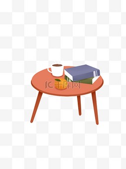 卡通桌子上的热茶书和桔子设计可