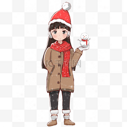 冬至时节拿着小雪人的红围巾女孩