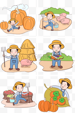 田地卡通ai图片_卡通手绘秋日粮食丰收牲畜成长