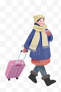 平安是回家最近的路图片_春运回家拉行李箱女孩手绘插画素