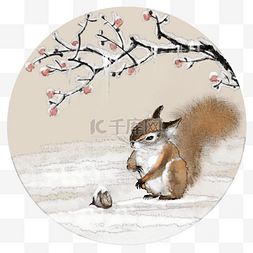 中国风水墨画松鼠枣树雪景图