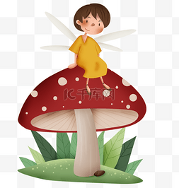 春天蘑菇上的精灵女孩