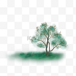 绿色草地手绘图片_手绘春天蓝色的树