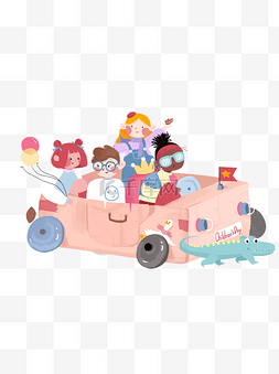 卡通乘坐玩具小车的一群小朋友可