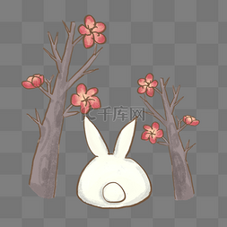 中秋节手绘花树兔子背影