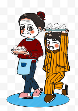 冬天一家人在一起吃饺子卡通人物