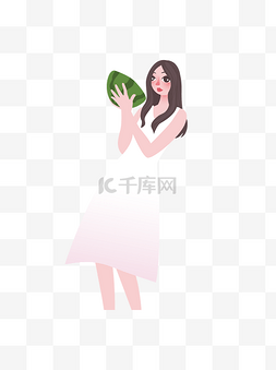 吃西瓜人物图片_夏季吃西瓜的女孩插画元素