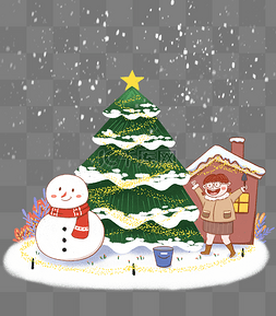 圣诞树下载图片_手绘小清新圣诞节堆雪人的女生下