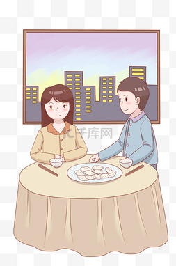 年夜饭吃饺子人物插画