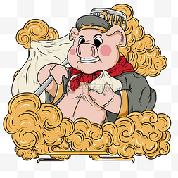 卡通手绘中国风福猪插画猪八戒