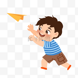 小男孩玩纸飞机手绘卡通