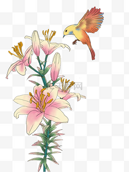 粉色的小鸟图片_工笔画黄色的小鸟和鲜花