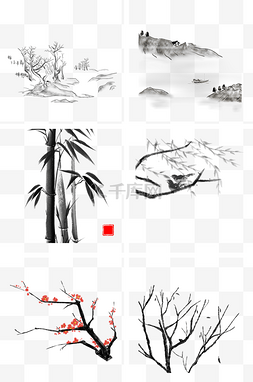 写意插画图片_中国风水墨山水植物写意插画6个