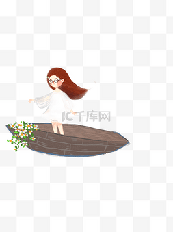 木舟上的卡通白裙女孩