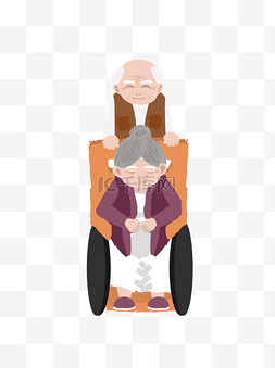 轮椅设计图片_扁平卡通爷爷推着奶奶坐轮椅元素