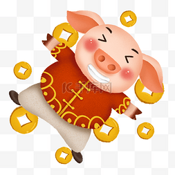 可爱卡通手绘猪年小猪与金币形象