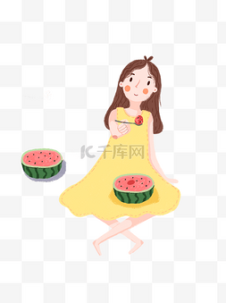 吃西瓜的人图片_清凉夏季吃西瓜的女生彩绘插画设