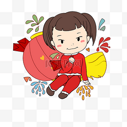 新年喜庆红色灯笼手绘小女孩插画