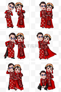 结婚红色喜庆图片_结婚季红色中国风婚礼Q版情侣套