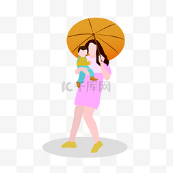 打伞的小孩图片_抱着孩子打着伞的女人矢量素材