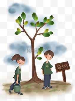 植树节种树活动少年和树苗