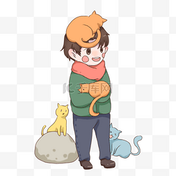 可爱的小猫小狗图片_手绘卡通可爱抱着动物的男孩