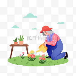 重阳节老人浇菊花绿色系卡通手绘