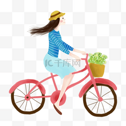 骑单车的女生图片_手绘踩单车的女生插画