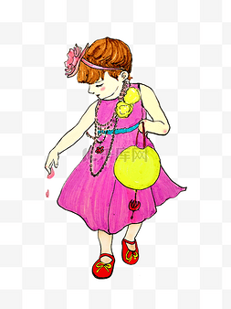 发带的女孩图片_婚礼纪花童手绘插画风粉色绒花紫