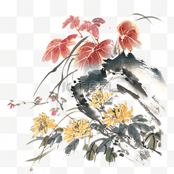 国画菊花图片_岩石与红叶水墨画PNG免抠素材