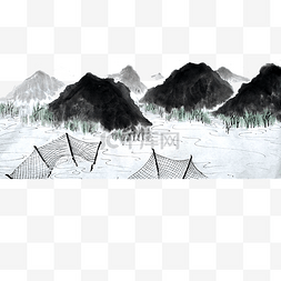 水墨风中国画图片_山水水墨风景河渔网养殖PNG国画