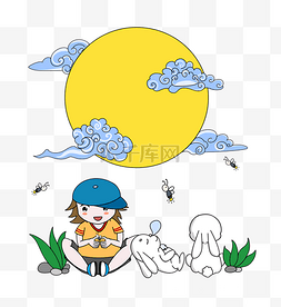 小兔子过中秋图片_手绘小男生赏月插画