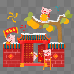 春节卡通手绘庆祝新年的可爱小猪