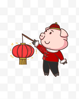 2019新年红色喜庆卡通猪图片_春节卡通猪挂灯笼手绘