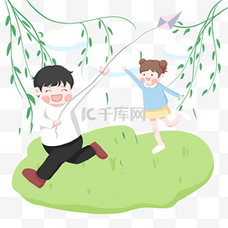 小孩出游图片_踏青放风筝小孩插画