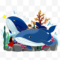 手绘海洋小清新图片_幻想海底世界鲸鱼与女孩PNG素材