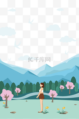 手绘红色旅游图片_手绘卡通清新女孩插画