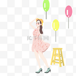 卡通气球粉色图片_手绘插图可爱少女PSD源文件