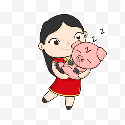 猪的插画jpg图片_新年抱着猪猪的小女孩