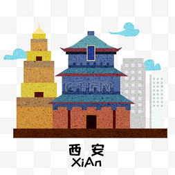 手绘建筑图片_卡通西安地标建筑插画