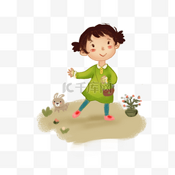 卡通小姑娘图片_童话姑娘与兔子在花园玩耍