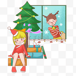 圣诞手绘场景图片_圣诞节小女孩圣诞树小男孩插画