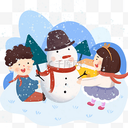 冬季玩耍男孩图片_冬季雪地场景蓝色手绘插画雪地场