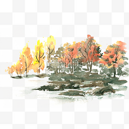 手绘秋天树木图片_秋天的树林水彩画PNG免抠素材
