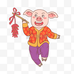 猪年2019年卡通手绘猪猪拿鞭炮