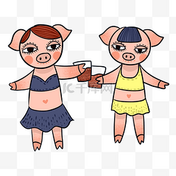 手绘矢量卡通猪年两只小猪